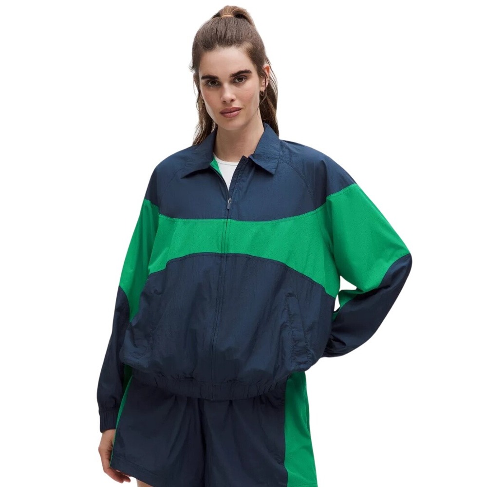 Lululemon College Blue Raceway Green Nylonâ Colourblock Collared Jacket Size XL